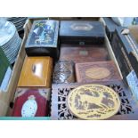 A Collection of Boxes, Oriental black lacquer musical box, jewellery box, cigarette dispenser, and