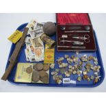 Cigarette Cards, coins, badges, manicure set, tin, etc:- One Tray.