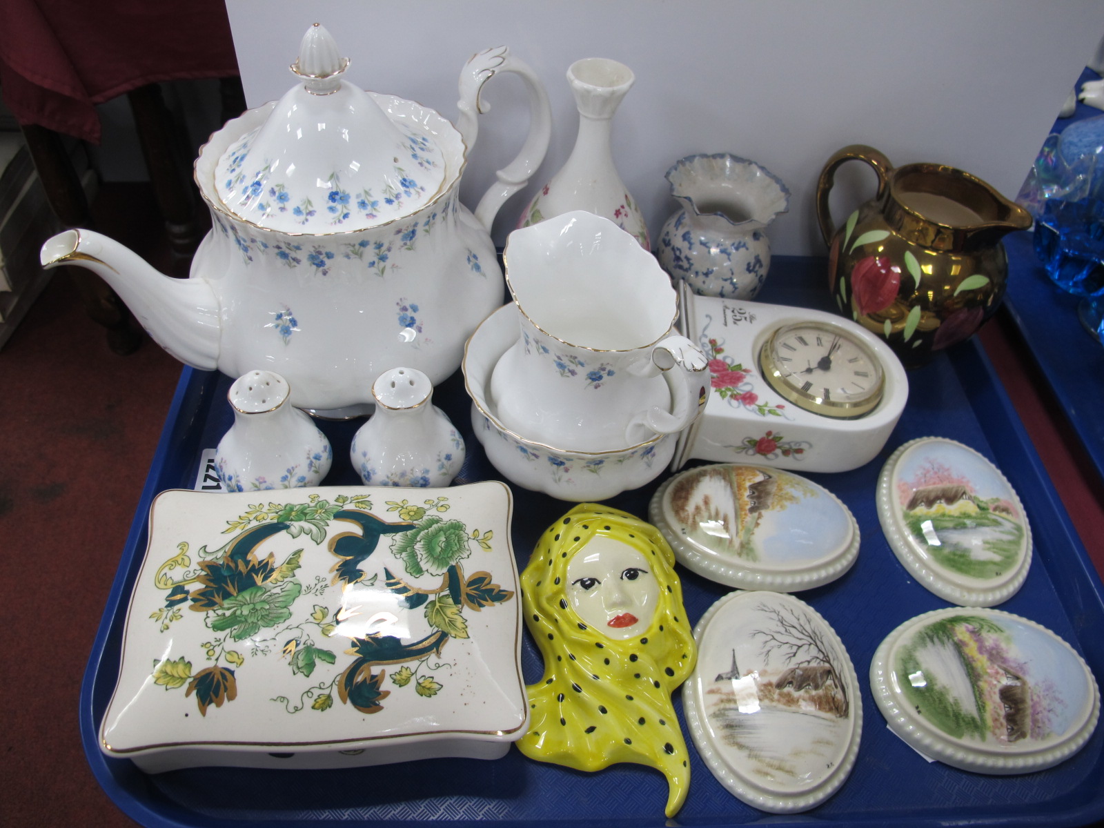 Royal Albert 'Memory Lane' Teapot, sugar, cream, and condiments, Mason's chartreuse trinket box,