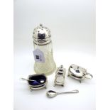 A Hallmarked Silver Topped Glass Sugar Caster, together with a plated three piece cruet set.