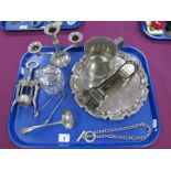 Plated Circular Tray, three light candlestick, bottle opener, novelty AVON glass perfume bottle as a