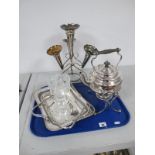 A Plated Spirit Kettle on Stand, a plated four flute epergne, plated basket, etc :- One Tray
