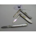 Two Hallmarked Silver and Mother of Pearl Single Blade Folding Fruit Knives, together with a quill