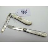 Two Hallmarked Silver and Mother of Pearl Single Blade Folding Fruit Knives, each with engraved