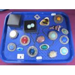 A Small Collection of Arts & Crafts Ruskin Style Ceramic Panel Brooches, similar clip on earrings,