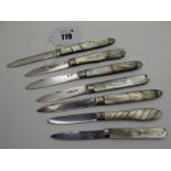 A Collection of Seven Hallmarked / Part Hallmarked Silver and Mother of Pearl Folding Fruit
