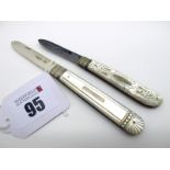 Two Hallmarked Silver and Mother of Pearl Single Blade Folding Fruit Knives, each with engraved