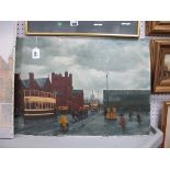 D.P. Little (Sheffield Artist), 1950's Sheffield Scene, with trams, horse and cart etc., outside
