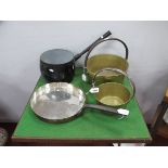 Two XIX Century Brass Jam Pans, XIX copper saucepan, cast iron saucepan (4).