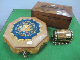XIX Century Rosewood Box, Continental octagonal shaped ladies musical jewellery box plus one other