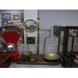 A Large Set of Brass Victorian Shop Scales and Weights, with ornate Arts & Crafts design finial on