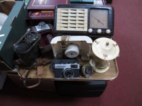 Ultra Bakelite Cased Radio 30cm wide, Schatz and Smiths clocks. Field & Marine binoculars, cameras:-