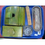Green Bakelite Desk Stand and Blotter, pewter inkwell, embossed plated inkstand, boxwood ruler:- One