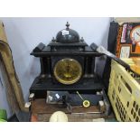 Late XIX Century Black Slate Mantle Clock, of architectural form with marble insets and metal