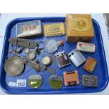 Ronson Lighters, small tins, 'Peel Castle' (I.O.M.) crib board, sunglasses, etc: One Tray