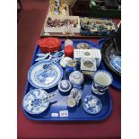 Oriental - two red lacquer boxes, blue and white ceramics, etc:- One Tray.