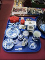 Oriental - two red lacquer boxes, blue and white ceramics, etc:- One Tray.