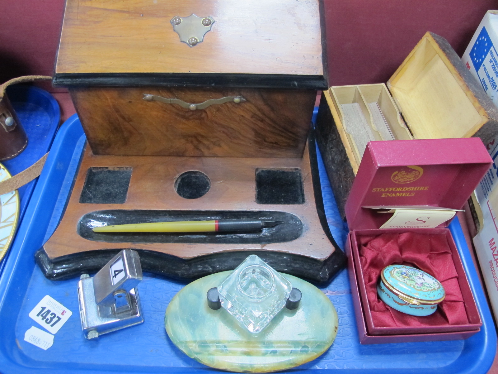 Pokerwork Carved Canasta Box, with cards, Staffordshire enamels musical box, Edwardian walnut desk