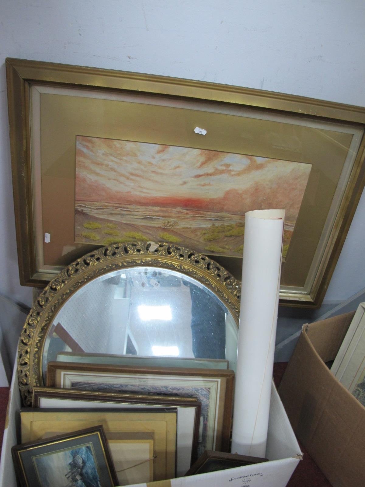 Circular Gilt Framed Mirror, original artwork, prints, Pieck decoupage, etc:- One Box.