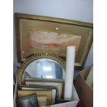 Circular Gilt Framed Mirror, original artwork, prints, Pieck decoupage, etc:- One Box.