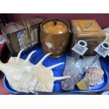 Oak Tea Barrel & Cannister, Genalex clock, chrome candlesticks, shells, mineral specimens:- One