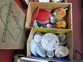 Three Hip flasks, Two tastevins, wax oval Gunthrum plaques, ceramics, tea tins, brush set, etc, in