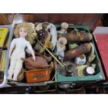 Storage Jars, pottery hen on nest, pair of candles, doll with a bisque head:- Two Boxes.