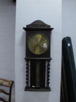 Early XX Century Oak Aneroid Barometer, with brass dial and barley twist design to sides, 72cm