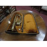 Boosey & Hawkes 400 Brass Three Valve Tuba, 850400, 53cm long, with mouthpiece, music clip and case.