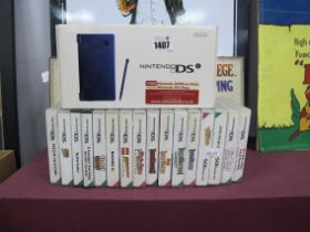 Nintendo DSI, with original box, paperwork and charger along with sixteen DS games:- One Box.