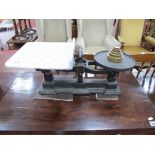 A Large Heavy Set of Victorian Butcher's Shop Scales, with blue veined marble product tray and brass