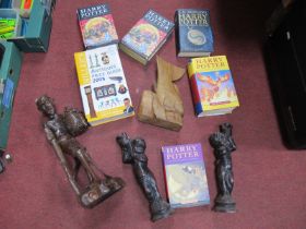 Wooden Aboriginal Figures,with a collection of J.K Rowling Harry Potter books:- One Tray,