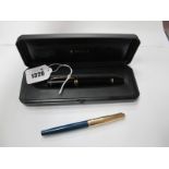 Parker Duofold Fountain Pen, in black lacquer with '18k' '750 nib, cased; another Parker pen in
