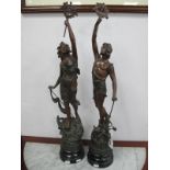 Pair of XIX Century Spelter figures, on ebonised bases, 72cm high.