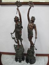 Pair of XIX Century Spelter figures, on ebonised bases, 72cm high.