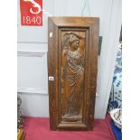 XIX Century Oak Wall Panel, carved with maiden, her left arm aloft, 76 x 31cm.