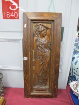 XIX Century Oak Wall Panel, carved with maiden, her left arm aloft, 76 x 31cm.