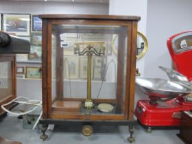 XX Century Laboratory Scales (E Sartrius Gottingen), on adjustable brass feet, with weights. 39cm