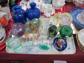Paperweights - Mdina, bubble inclusion,. Blue vases, etc:- One Tray.