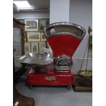 A Set of Mid XX Century Avery Red Painted Post Office Scales, chrome fittings and tray.
