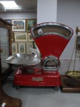 A Set of Mid XX Century Avery Red Painted Post Office Scales, chrome fittings and tray.