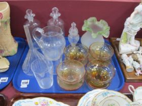 XIX Century Glass Funnel, pair of XIX Century decanters (damaged), Amber glass sundae dishes etc:-