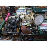 Cast Iron Teapot, keys, flat irons, mirror, parasols, etc:- Two Boxes.