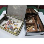 Two Tins, containing a collection of coins, badges, wax stamp in the form of Hitler, etc (2).