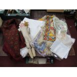 Two Embroidered Table Thick Covers, white linen, crochet work, doilies, mats, damaged doll.
