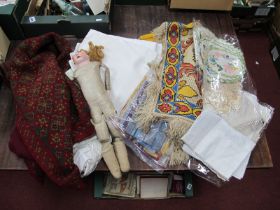 Two Embroidered Table Thick Covers, white linen, crochet work, doilies, mats, damaged doll.