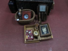 Wall Barometer, pigeon clocks, resin bust, basket, pine box.