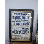 An Original Circa 1920's Framed Poster Advertising 'Whiteley's Business Training College, New Surrey