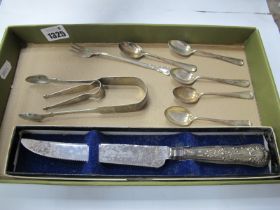 Georgian Silver Sugar Tongs, 'Sterling' pickle fork, silver hallmarked coffee spoons (5), Afghan
