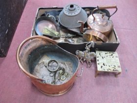 XIX Century Copper Kettle, log bucket, horse brasses, other metal ware:- One Box